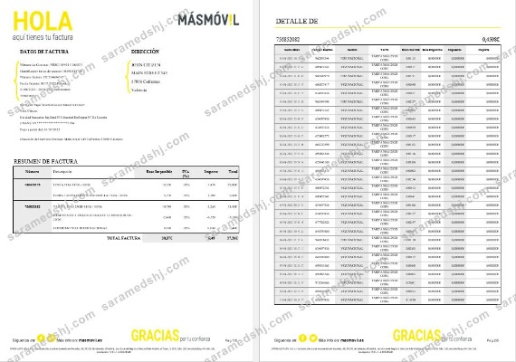 Spain Masmovil internet utility  bill Word and PDF formats, 6 pages